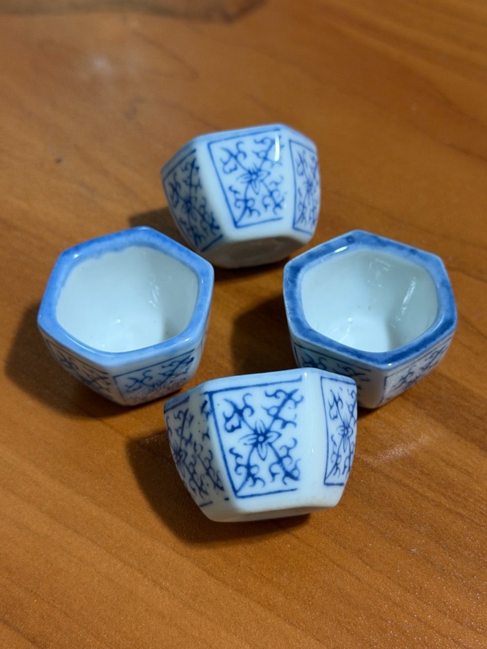 Mini - toy- decorative Blue and White Porcelain Hexagonal Tea Cup Set - 4 Pieces